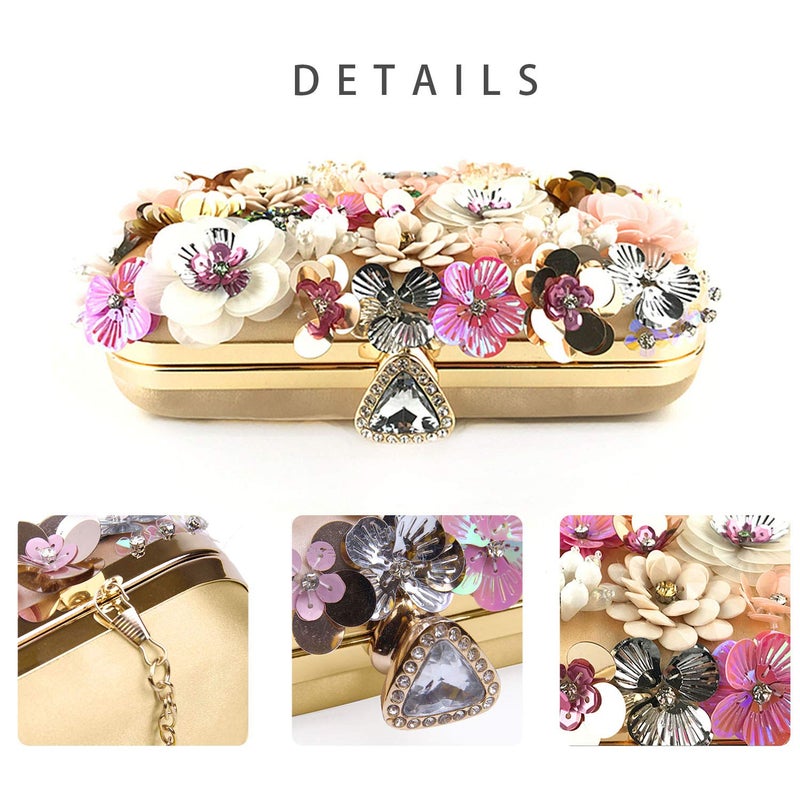 Lanpet Women Clutches Flower Evening Handbag Chain Strap Shoulder Bag Gold - Image 5